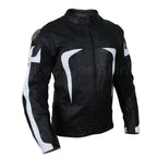 Men Black Motorcycle Leather Jacket with White Stripe Panels