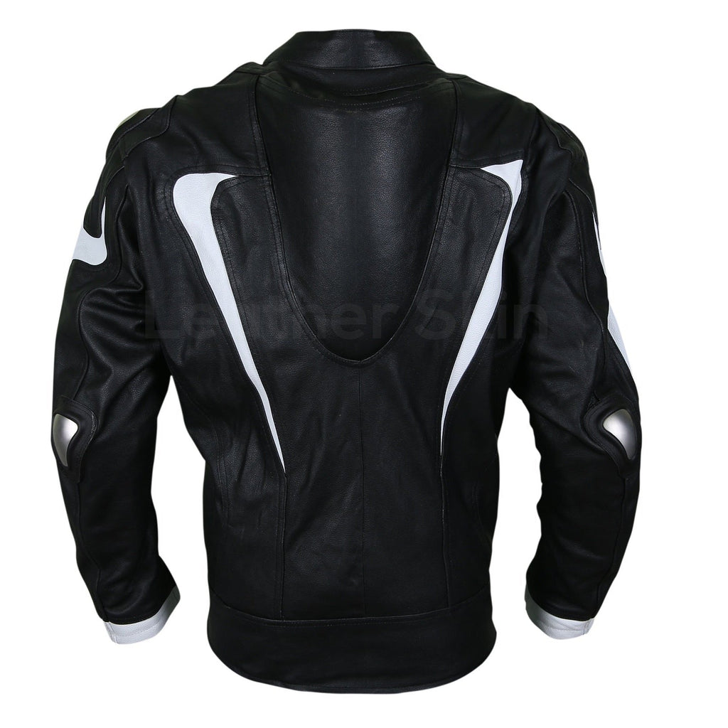 Men Black Motorcycle Leather Jacket with White Stripe Panels