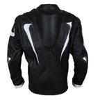Men Black Motorcycle Leather Jacket with White Stripe Panels