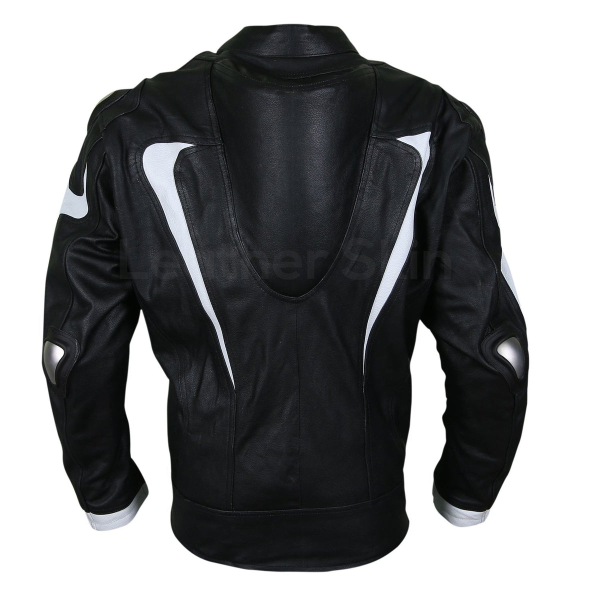 Men Black Motorcycle Leather Jacket with White Stripe Panels