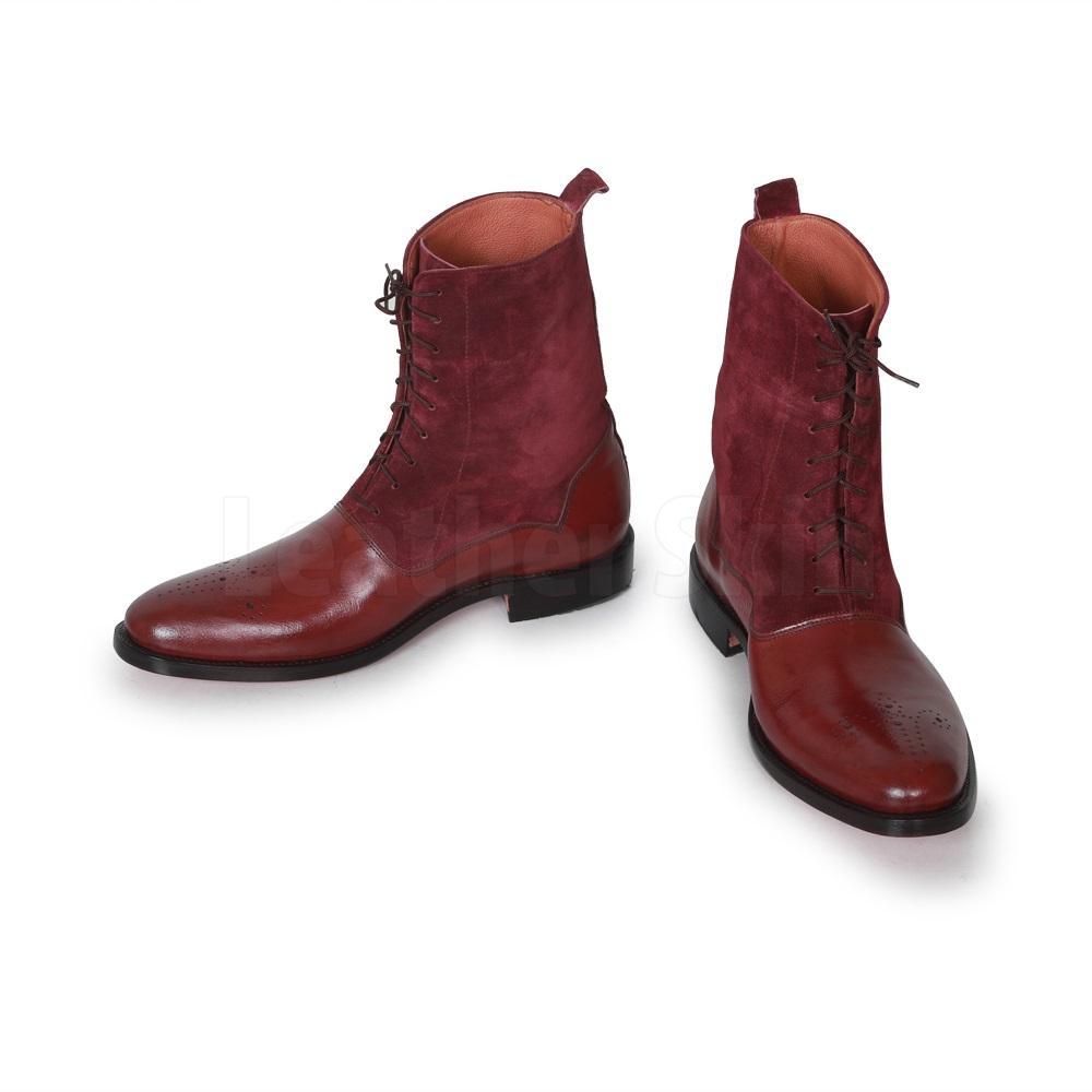Men Red Burgundy Brogue Genuine & Suede Lace Up Leather Boots