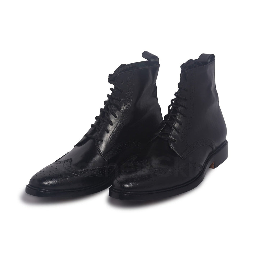 Men Black Wingtip Brogue Derby Leather Boots