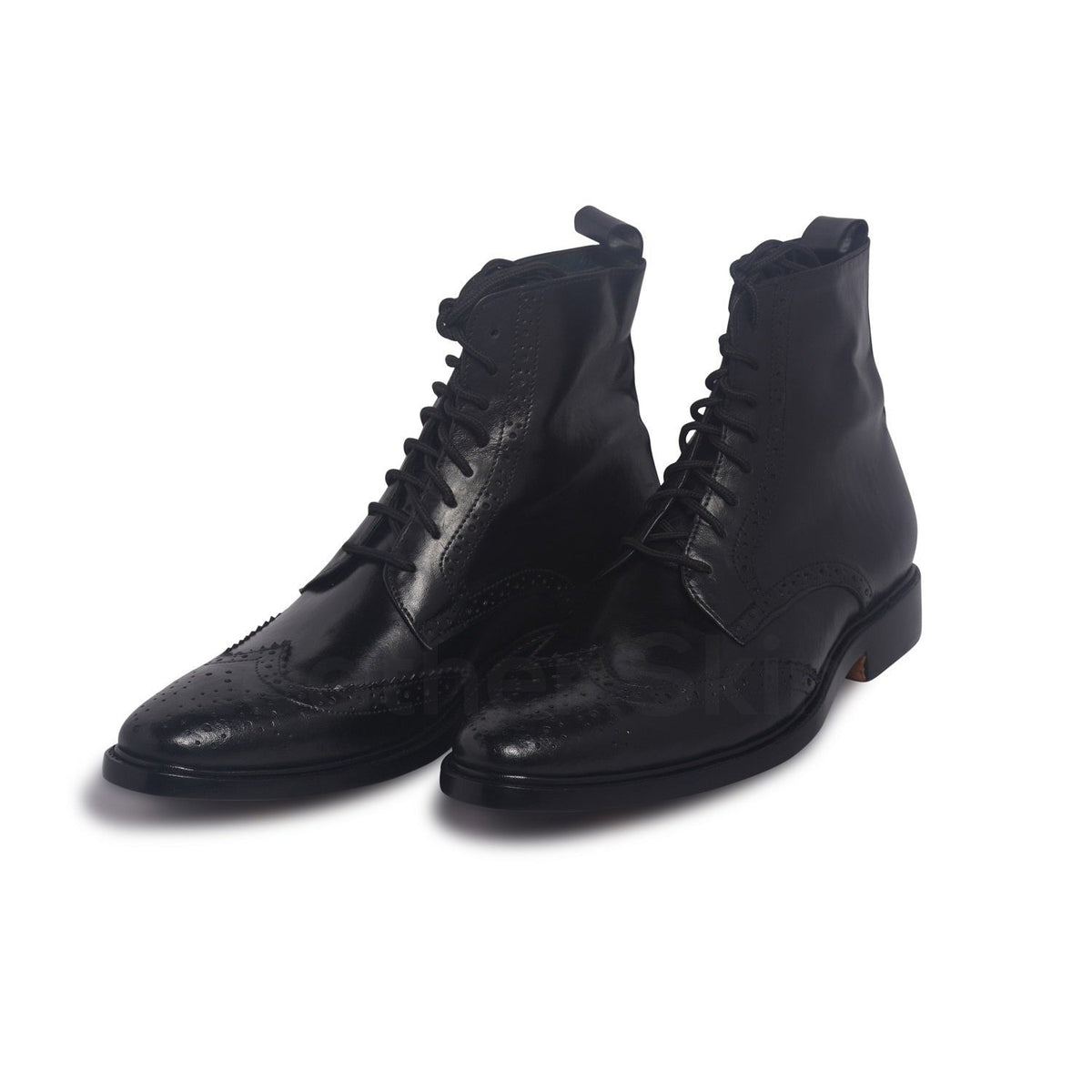 Men Black Wingtip Brogue Derby Leather Boots