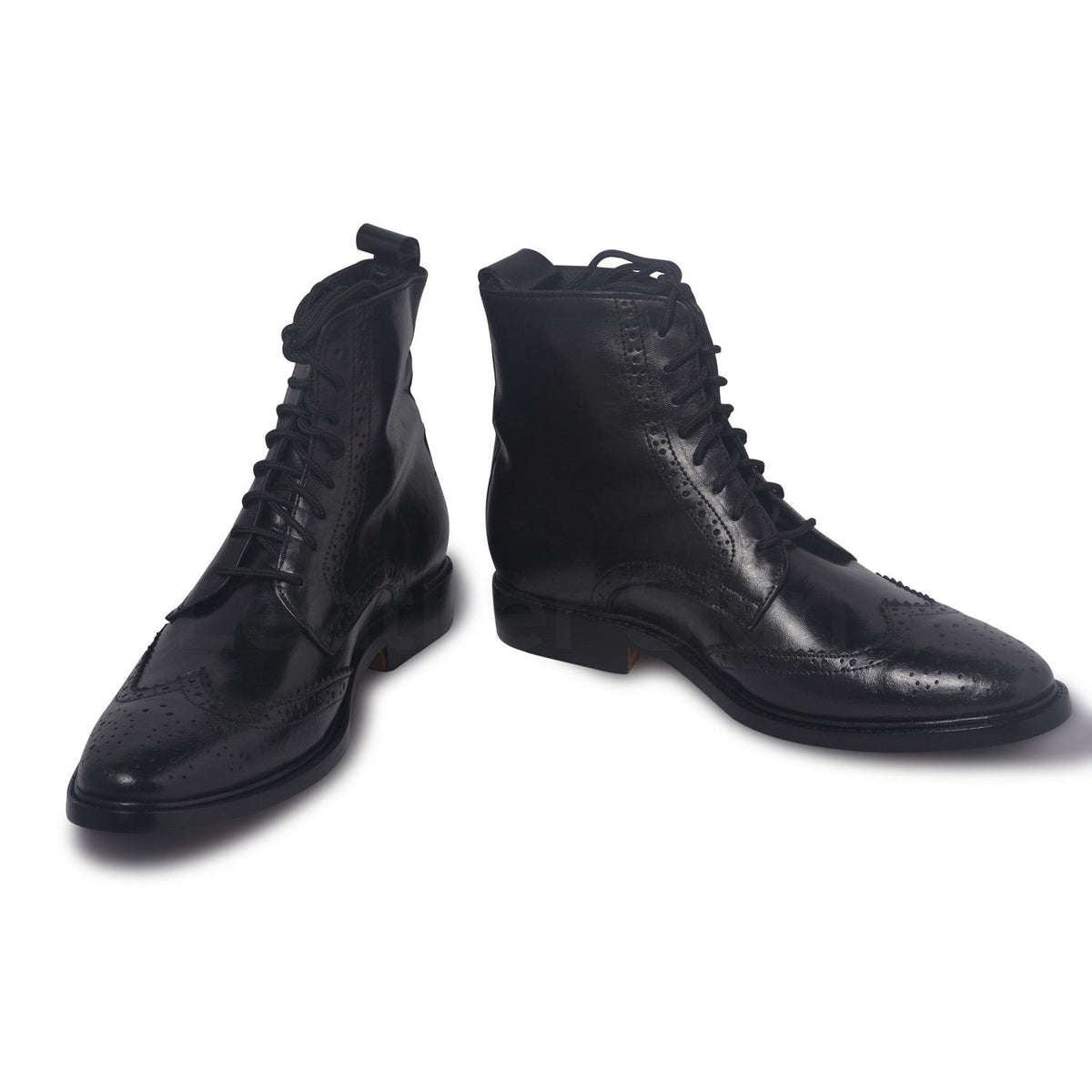 Men Black Wingtip Brogue Derby Leather Boots