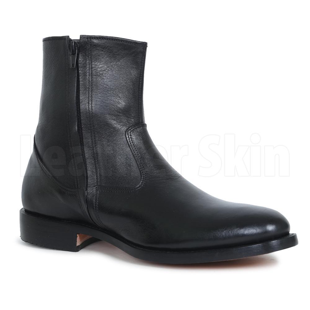 Men Black Zipper Ankle Genuine Leather Boots