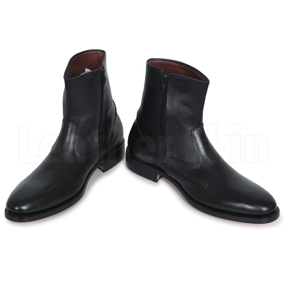Men Black Zipper Ankle Genuine Leather Boots