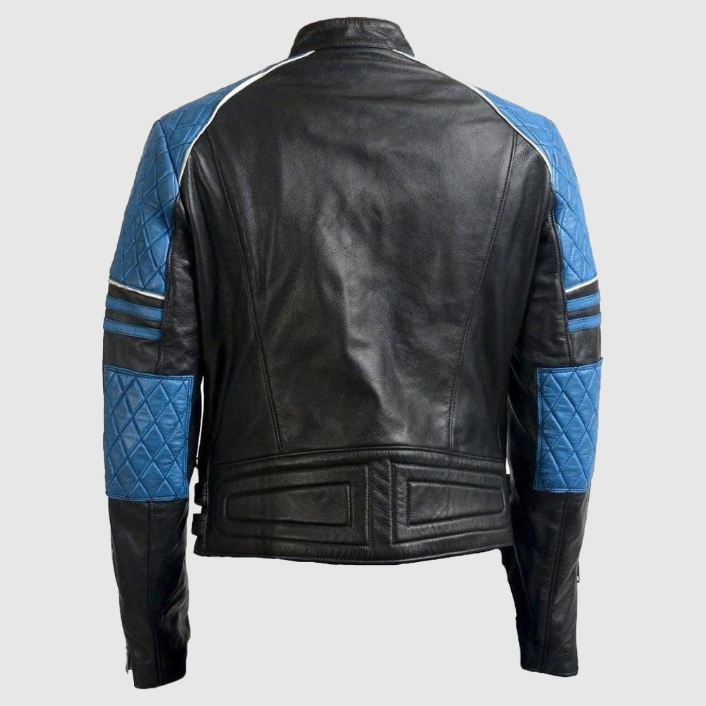 Men Blue Black Motorbike Leather Jacket, Men’s Slim Fit Leather Jacket