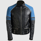 Men Blue Black Motorbike Leather Jacket, Men’s Slim Fit Leather Jacket