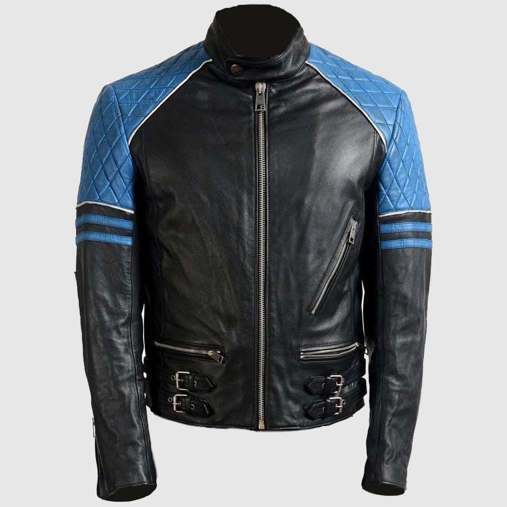Men Blue Black Motorbike Leather Jacket, Men’s Slim Fit Leather Jacket