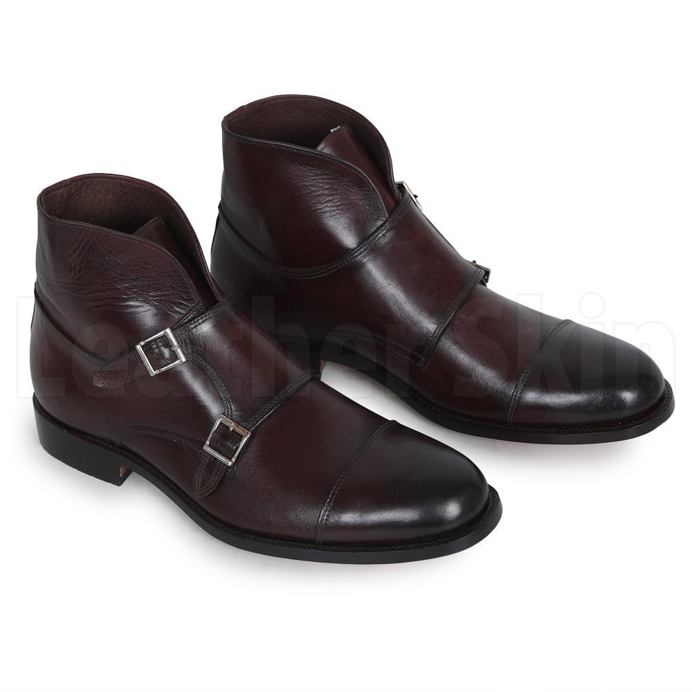 Men Brown Double Monk Strap Genuine Leather Boots