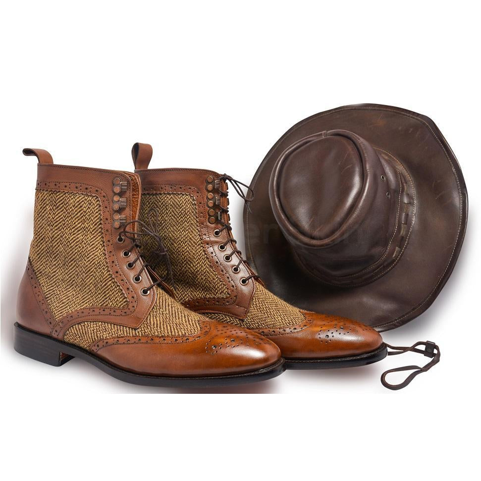 Men Brown Wingtip Brogue Derby Leather Boots