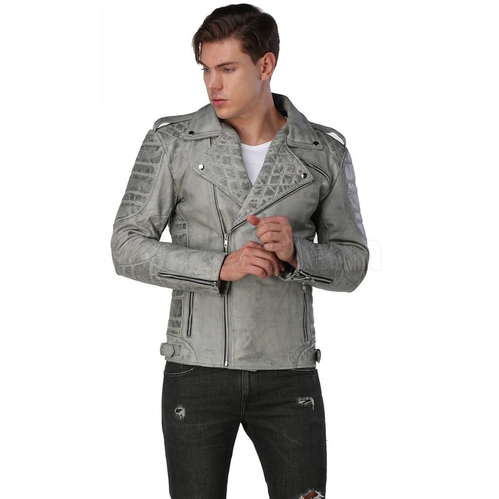 Men Distressed Gray Biker Leather Jacket
