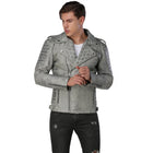 Men Distressed Gray Biker Leather Jacket