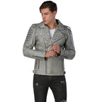 Men Distressed Gray Biker Leather Jacket
