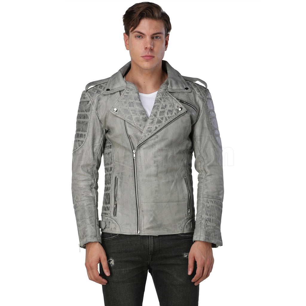 Men Distressed Gray Biker Leather Jacket
