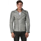 Men Distressed Gray Biker Leather Jacket