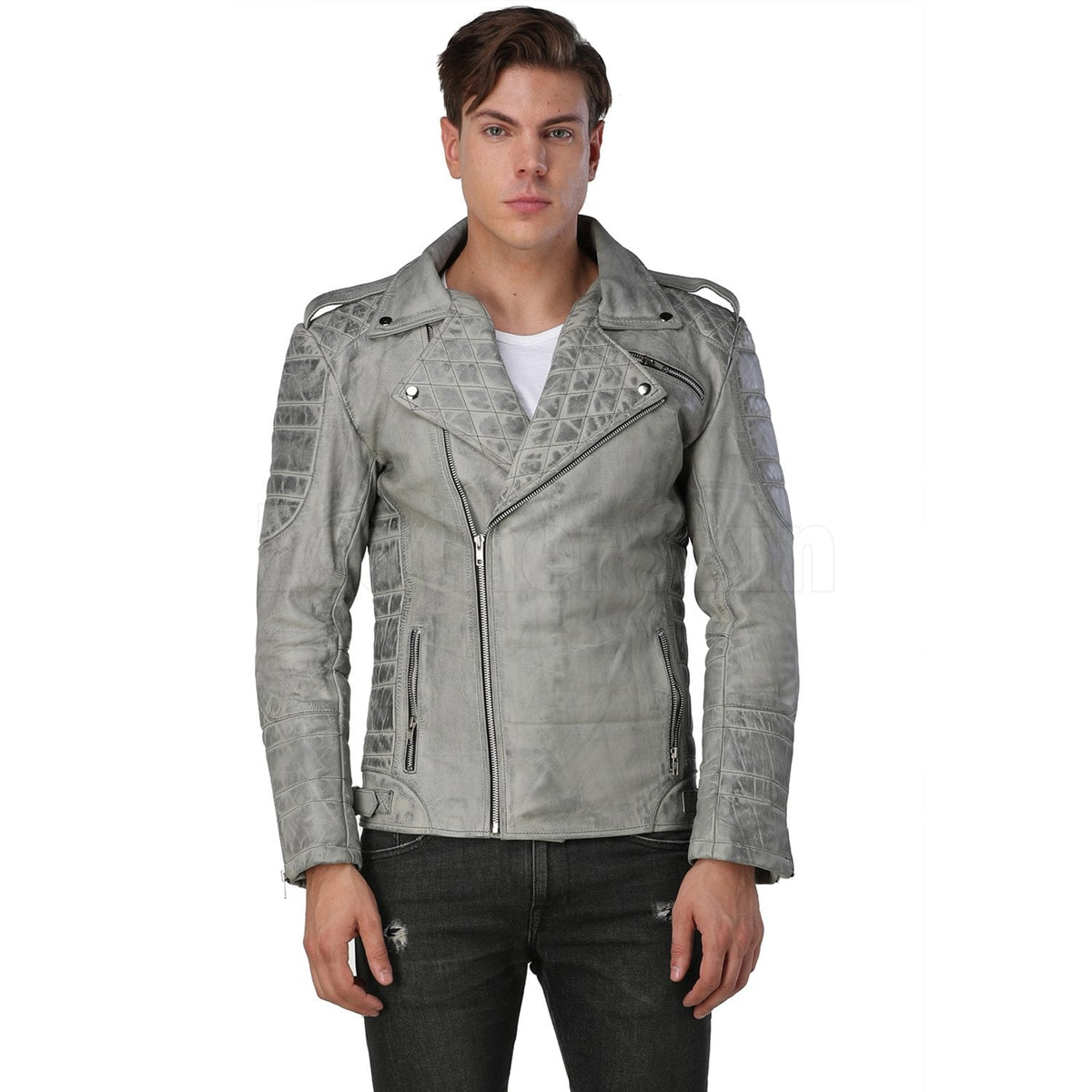 Men Distressed Gray Biker Leather Jacket