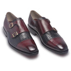 Men Distressed Two Tone Red Black Monk Strap Leather Shoes