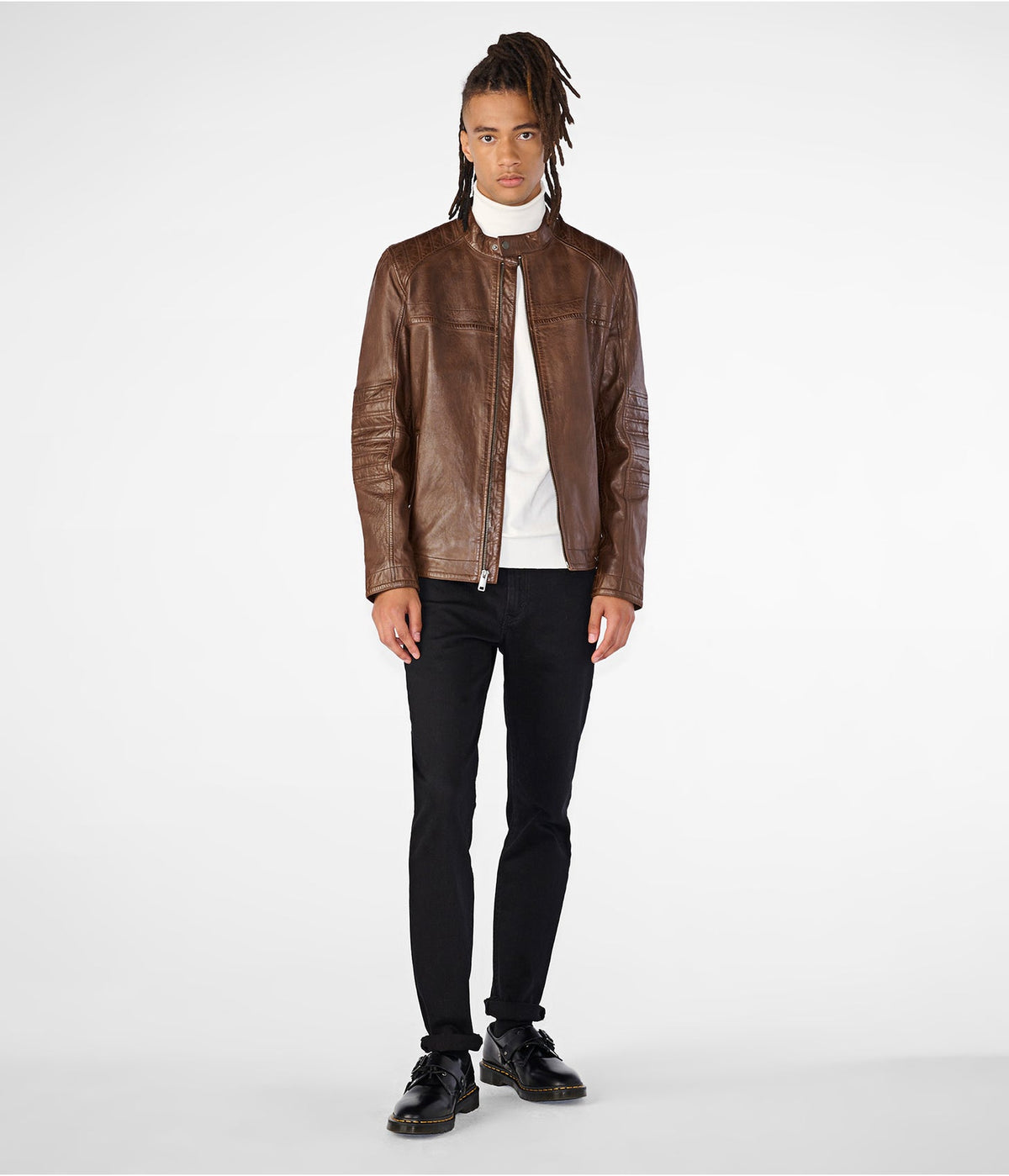 Men's Dark Brown Leather Cafe Racer Biker Jacket by Avanzar