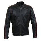 Men Maroon Red Stripe Panels Black Genuine Leather Jacket