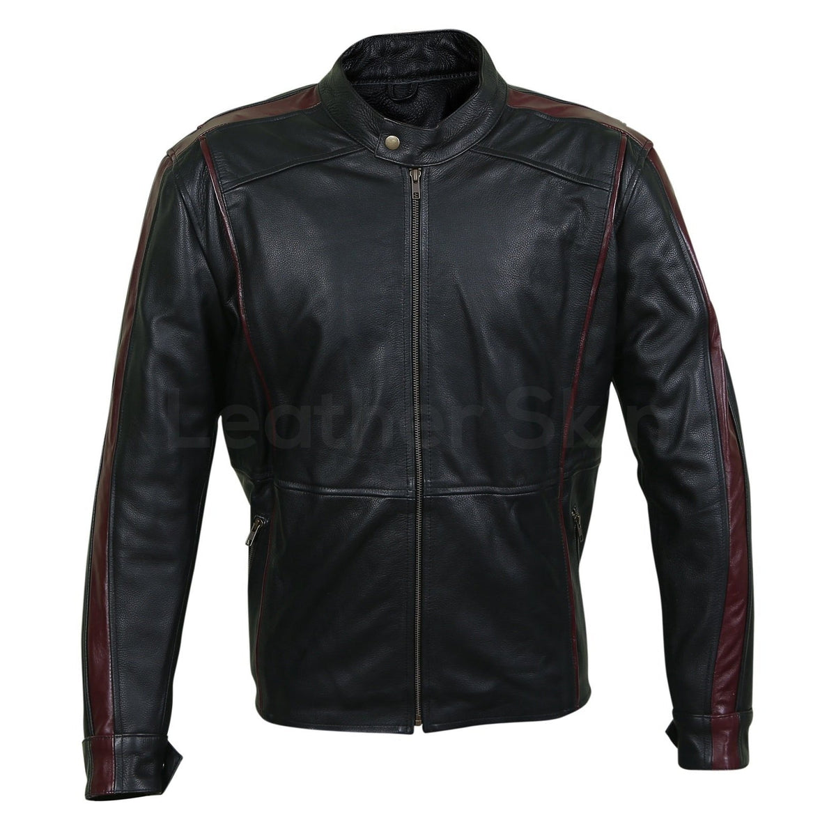Men Maroon Red Stripe Panels Black Genuine Leather Jacket