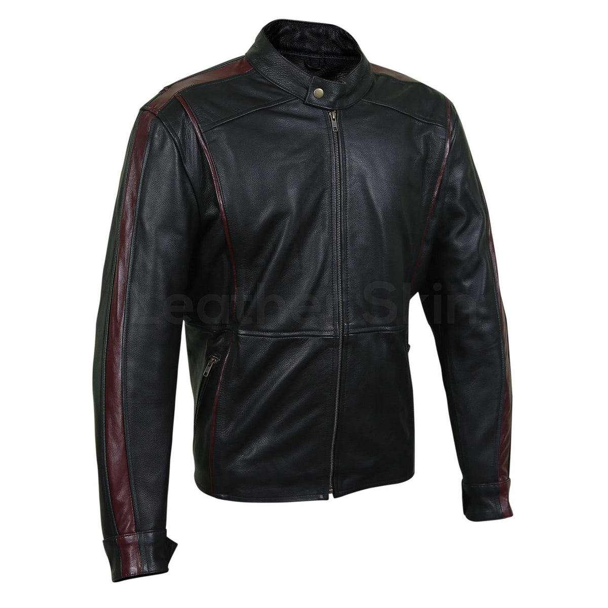 Men Maroon Red Stripe Panels Black Genuine Leather Jacket