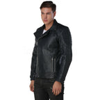 Men Navy Blue Biker Leather Jacket