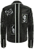 Men’s Brando Studded Multi Patches Punk Black Leather Jacket
