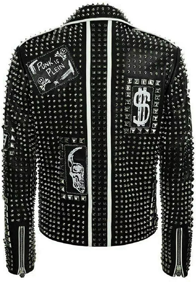 Men’s Brando Studded Multi Patches Punk Black Leather Jacket