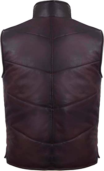 Men's Puffer Leather Vest In Maroon