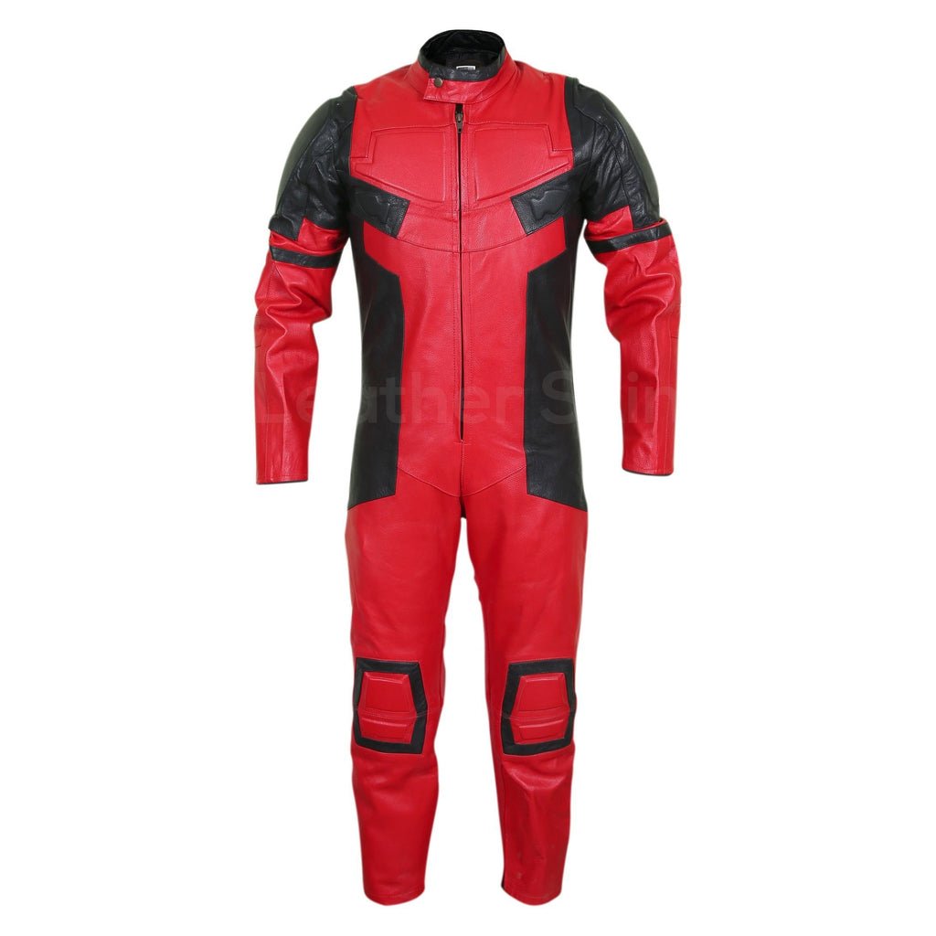 Men Red Black Motorcycle Padded Genuine Leather Suit