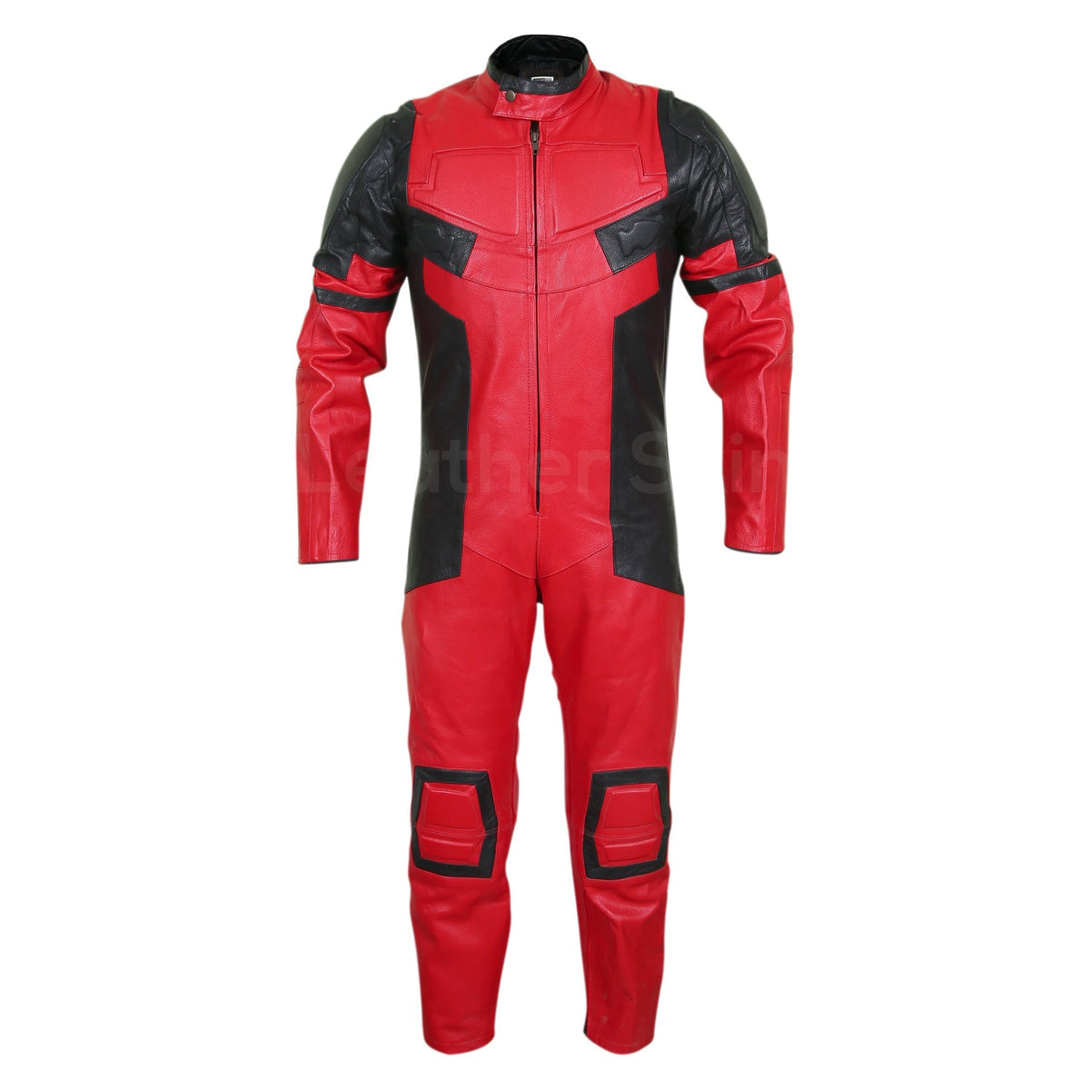 Men Red Black Motorcycle Padded Genuine Leather Suit