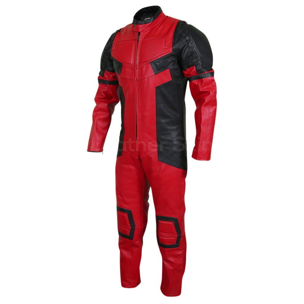 Men Red Black Motorcycle Padded Genuine Leather Suit