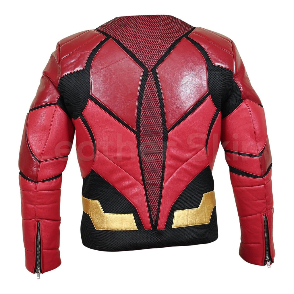 Men's Red and Black Motorcycle Biker Collarless Genuine Leather Jacket