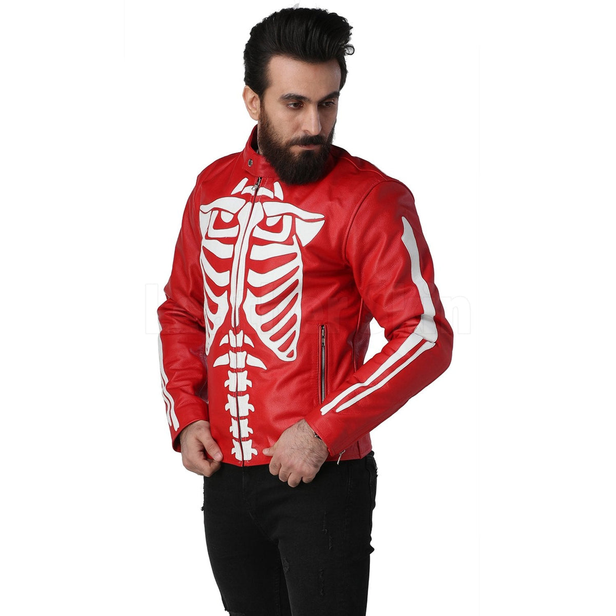 Leather Skin Men Red Skeleton Biker Motorcycle Genuine Leather Jacket