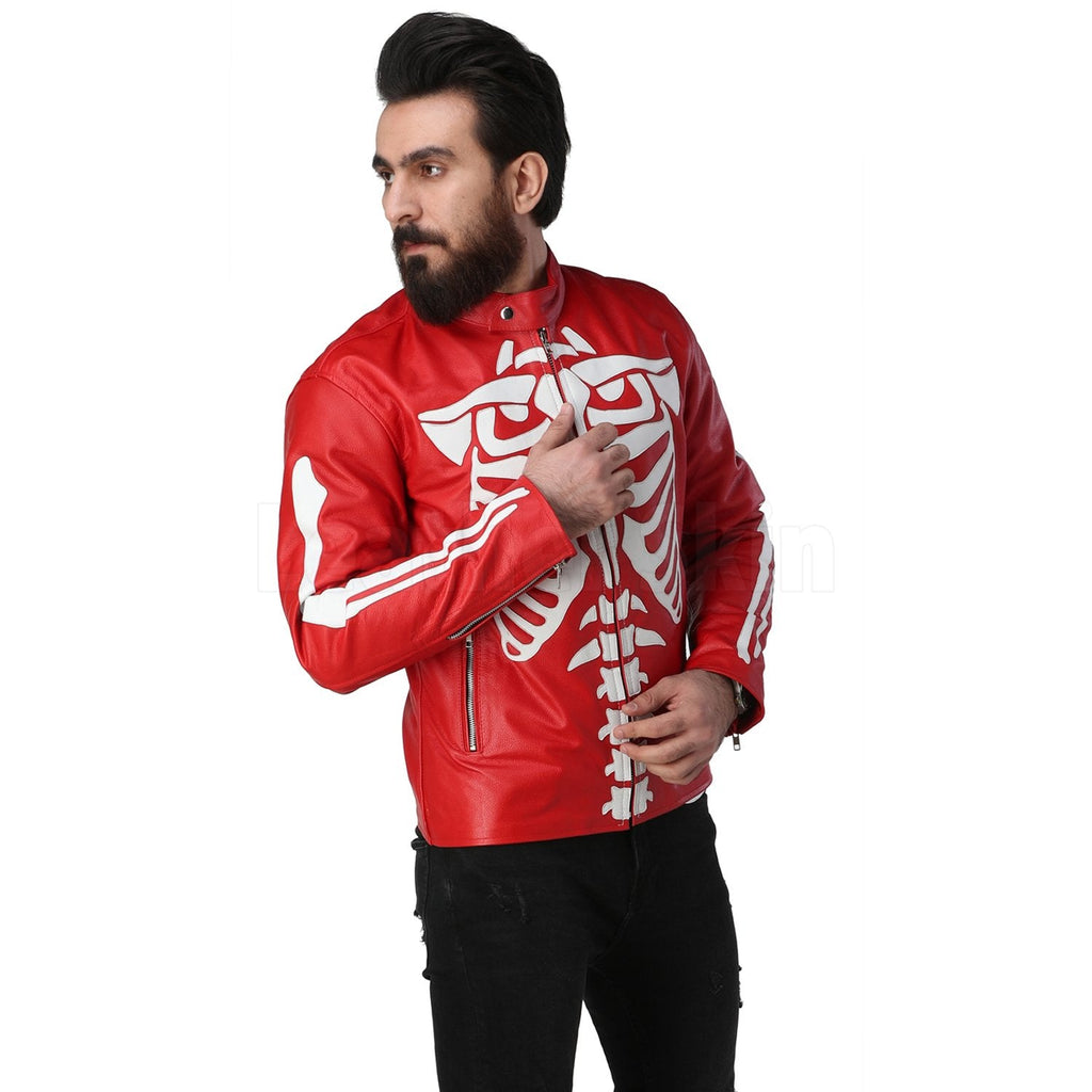 Leather Skin Men Red Skeleton Biker Motorcycle Genuine Leather Jacket