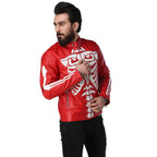 Leather Skin Men Red Skeleton Biker Motorcycle Genuine Leather Jacket
