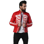 Leather Skin Men Red Skeleton Biker Motorcycle Genuine Leather Jacket