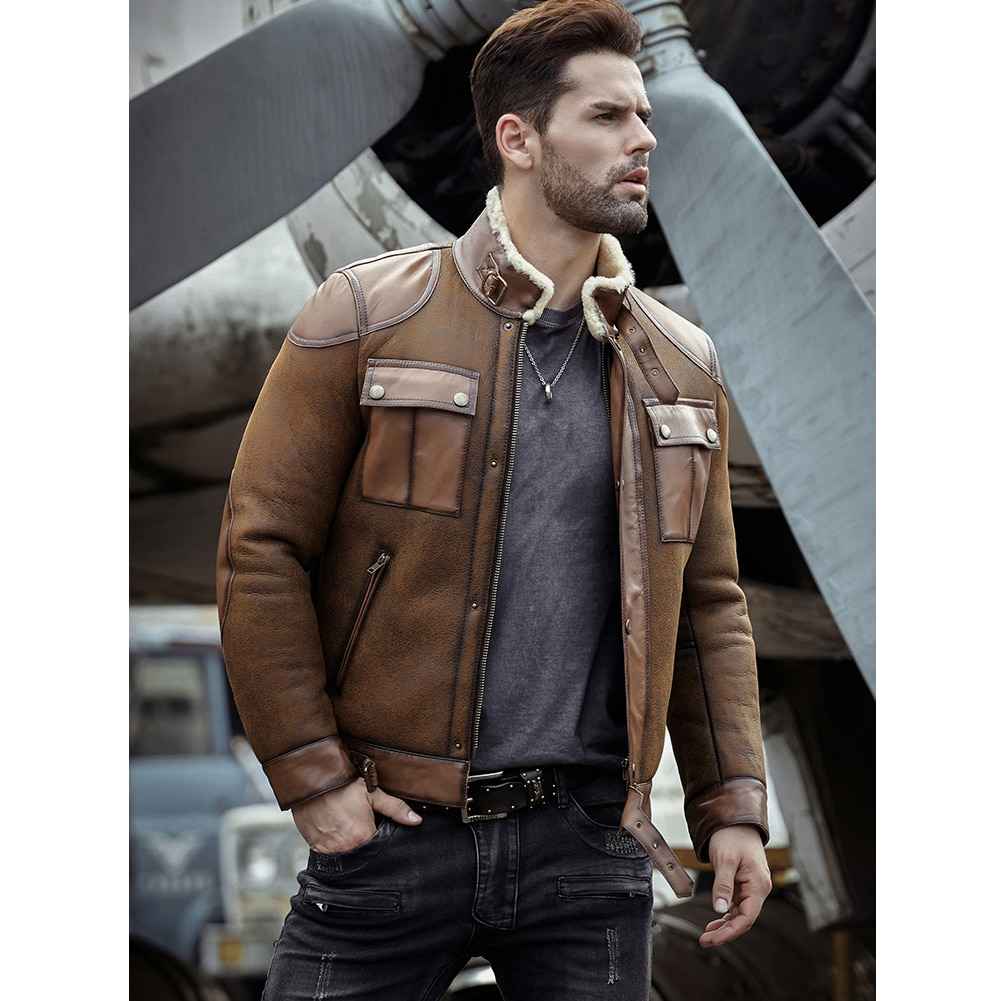 Men RAF B3 Flight Bomber Shearling Sheepskin Retro Aviator Leather Jacket
