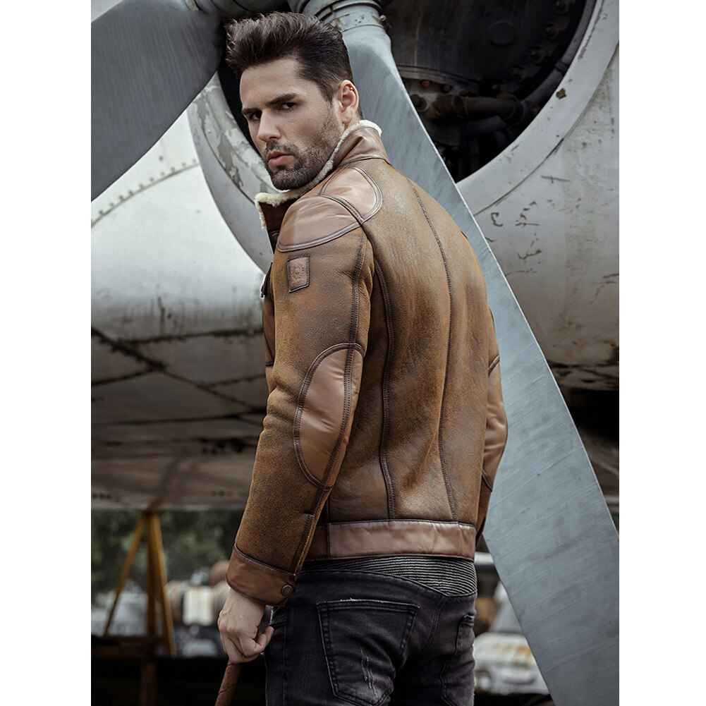 Men RAF B3 Flight Bomber Shearling Sheepskin Retro Aviator Leather Jacket