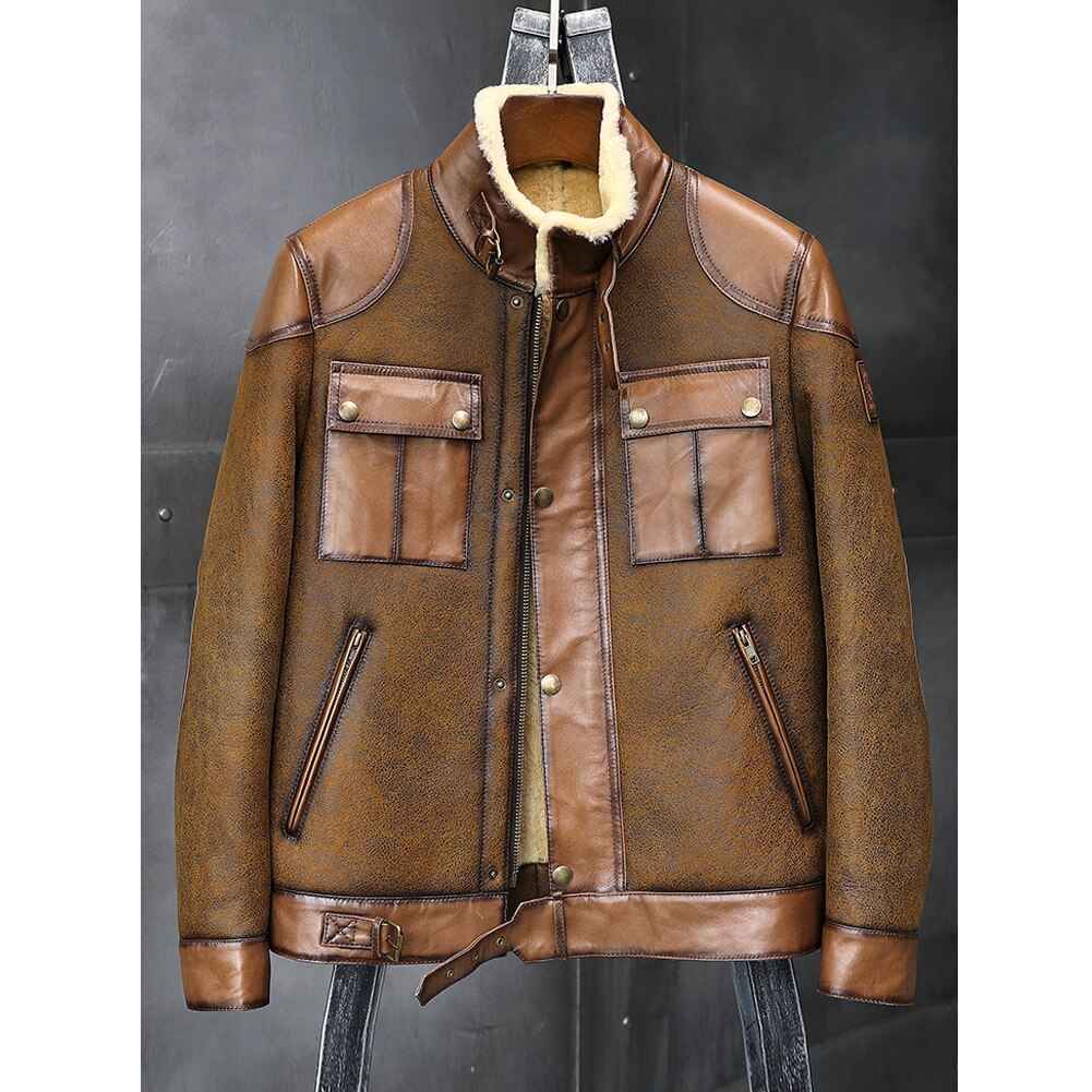 Men RAF B3 Flight Bomber Shearling Sheepskin Retro Aviator Leather Jacket
