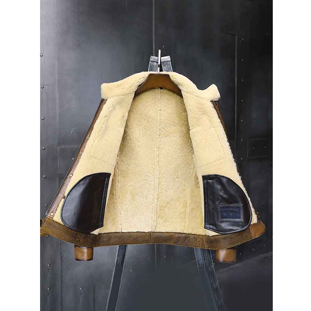 Men RAF B3 Flight Bomber Shearling Sheepskin Retro Aviator Leather Jacket