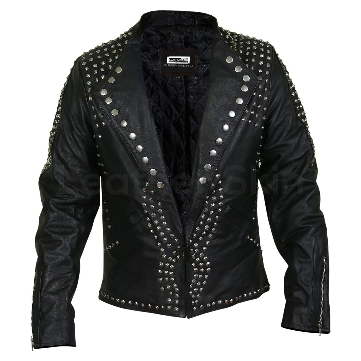 Men Black Jacket with Cone Spikes Stud on Shoulder