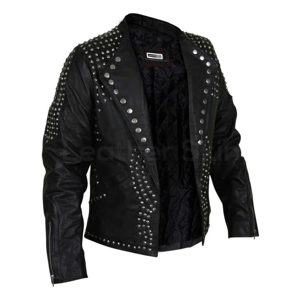 Men Black Jacket with Cone Spikes Stud on Shoulder
