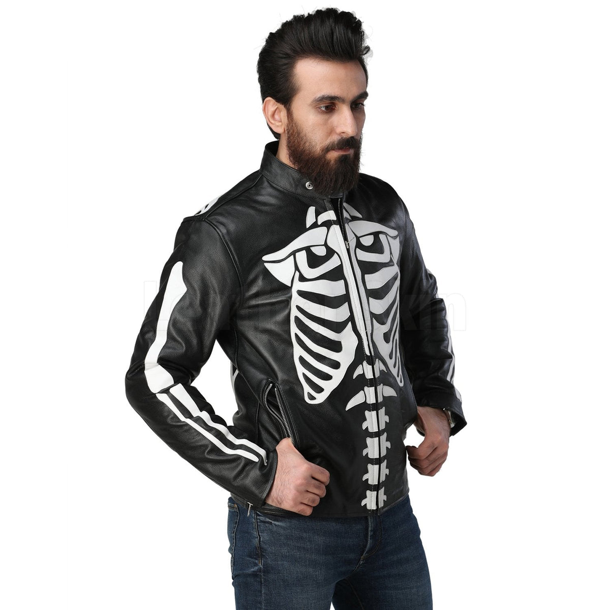 Leather Skin Men Skeleton Biker Motorcycle Genuine Leather Jacket with CE Armors