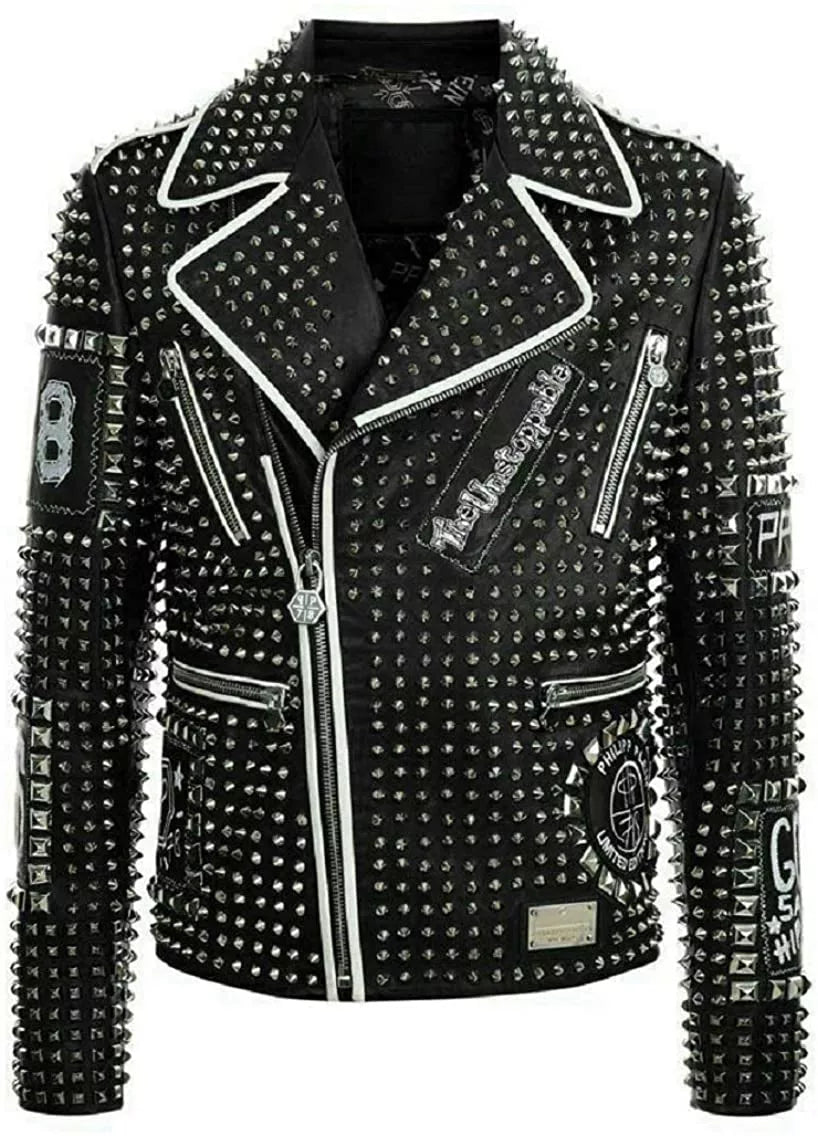 Men’s Brando Studded Multi Patches Punk Black Leather Jacket