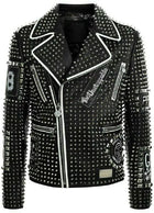 Men’s Brando Studded Multi Patches Punk Black Leather Jacket