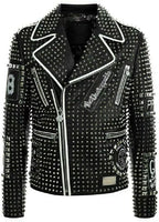 Men’s Brando Studded Multi Patches Punk Black Leather Jacket