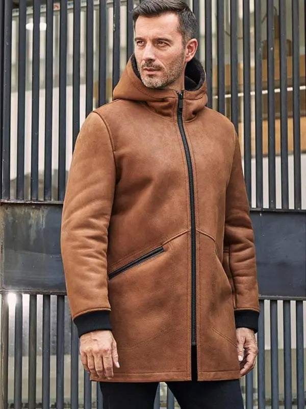Men's Brown Leather Shearling Coat with Hood