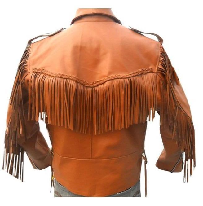 Men’s Tan Western Style Leather Jacket - Cowboy Cowhide with Fringe